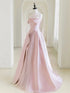 Pink Satin and Tulle Scoop Long A-line Prom Dress, Pink Cute Formal Dress Evening Dress